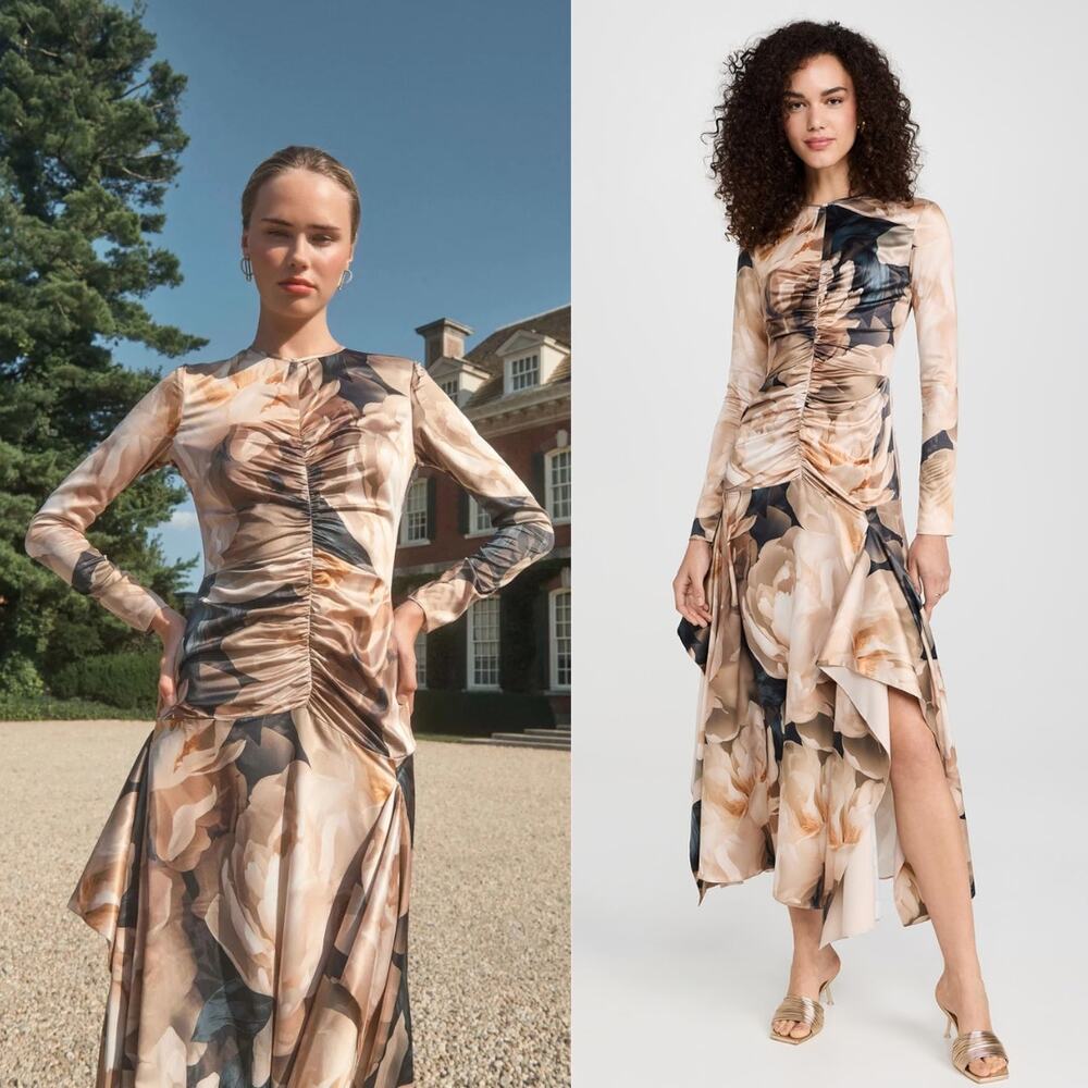 AKNVAS Houston Dress Floral Neutral Multicolor Cream‎ Navy Brown Size 0